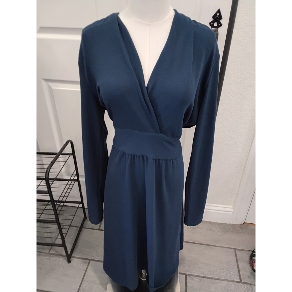 Cabi‎ Teal Blue Faux Wrap Long Sleeve V-Neck Tie Back Dress Style 227 Large